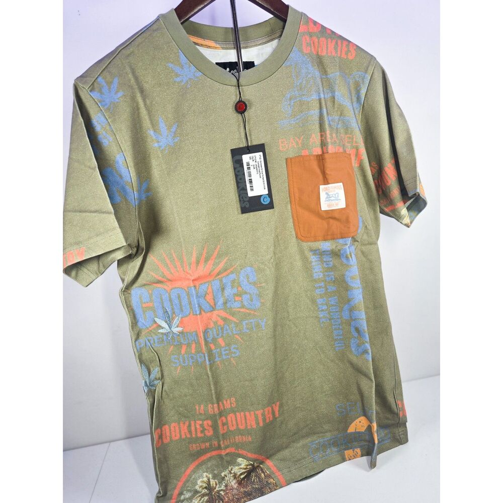 Cookies Workwear All Over Print Knit T-Shirt Olive Green Size Small NWT